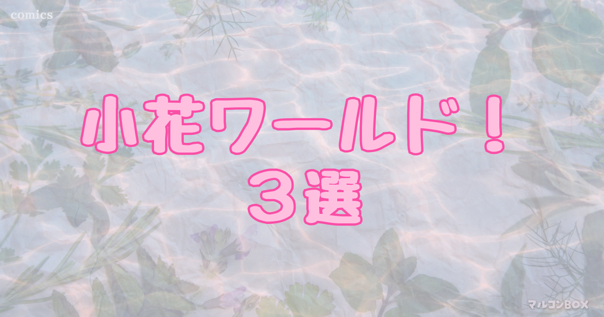 小花美穂の作品をイメージした背景の中央に、タイトル「小花ワールド！3選」左上にカテゴリー「COMICS」右下にブログ名 「マルコンBOX」を記載したアイキャッチ画像。